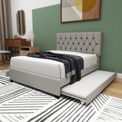 GRAY QUEEN SIZE TRUNDLE PULL OUT DRAWERS STORAGE UPHOLSTERED BED MODERN DESIGN NO BOX SPRING REQUIRED