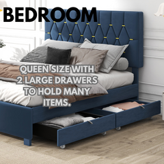 MODERN VELVET QUEEN BED WITH TWIN TRUNDLE AND 2 STORAGE DRAWERS – BLUE(OLD SKU:W1867S00001)