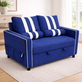 2 Seater Pull Out Sleeper Sofa Bed, Blue Fabric Convertible Loveseat with Adjustable Backrest, Built-in USB Charging Port, Elastic Armrest Panels, Easy Assembly, Modern Sofa Bed for Living Room or Gue