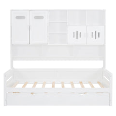 Twin Size Wooden Daybed With Twin Size Trundle, and All-in-One Cabinet and Shelf, White