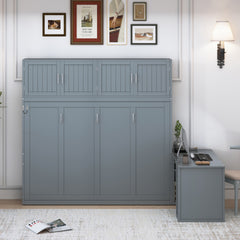 Queen Size Wall Murphy Bed with Desk and Storage Shelves and Big Cabinets, Gray(OLD SKU: N820S10034E)