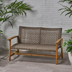 HAMPTON Outdoor Acacia Wood Wicker Loveseat, Patio Furniture Conversation Set for Backyard