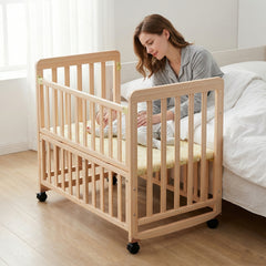 Baby Bassinets Bedside Sleeper - Portable Pine Wood Bedside Bassinet,3 Heights Small Mini Crib with Mattress,Space-Saving Design Baby Crib for Newborns 0-36 Months