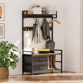 33.1" Wide Hall Tree with 2 Movable Drawers, Shoe Storage, Shelves and Garment Racks, 5-in-1 Entryway Bench with 23 Hooks (Fixed and Movable)