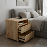20"Modern Nightstand with 2 Drawers And Shelves Solid Wood Night Stand with Charger Station Mid Century Bedside Table Curved Wood Side Table for Bedroom Living room