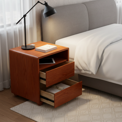 20"Modern Nightstand with 2 Drawers And Shelves Solid Wood Night Stand with Charger Station Mid Century Bedside Table Curved Wood Side Table-Walnut