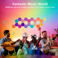 Hexagonal LED lights-20 sets of intelligent APP RGB game lights, with remote control and music synchronization. Honeycomb shaped hexagonal lights, suitable for bedroom, living room walls