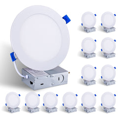 12 Pack 6 Inch White LED Recessed Ceiling Light, Dimmable, 2700K-5000K 5CCT, 1200LM 12W 120V, High Brightness Canless Wafer Downlight