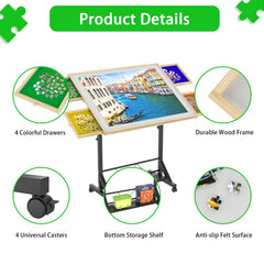 Wooden 1500 Piece Puzzle Table with Drawer, 35"*27.17" Adjustable Puzzle Table, 360° Tilting Puzzle Table with Legs and Wheels, Adjustable Height and Angle, with Protective Cover