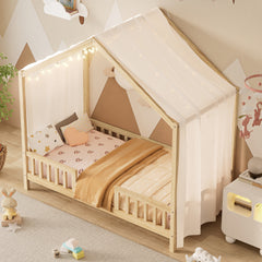 Montessori Floor Bed with Canopy, Twin Bed Frame for Kids, House Shape Kids Bed Frame with High Railings, Wood Kids Bed with Roof, Kid Twin Bed, Natural