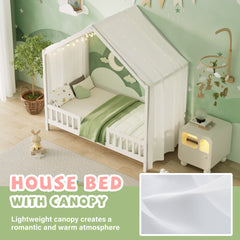 Montessori Floor Bed with Canopy, Twin Bed Frame for Kids, House Shape Kids Bed Frame with High Railings, Wood Kids Bed with Roof, Kid Twin Bed, White