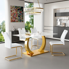 Marble-Veined Tempered Glass Dining Set with Gold Accents: 63-inch Transformable Table & 4 U-Shaped Armchairs Modern Minimalist Style