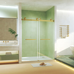 Frameless Double Sliding Shower Door 56-60 "W x 74" H, 5/16 "(8mm) Tempered Glass, Explosion Proof Film, Stainless Steel Handle, Square Tube Track, Brushed Gold