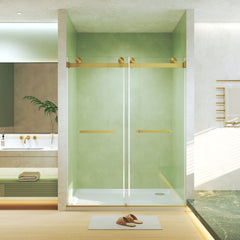 Frameless Double Sliding Shower Door 56-60 "W x 74" H, 5/16 "(8mm) Tempered Glass, Explosion Proof Film, Stainless Steel Handle, Square Tube Track, Brushed Gold