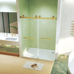 Frameless Double Sliding Shower Door 56-60 "W x 74" H, 5/16 "(8mm) Tempered Glass, Explosion Proof Film, Stainless Steel Handle, Square Tube Track, Brushed Gold