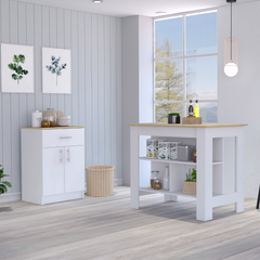 2 Piece Kitchen Set, Kitchen Island + Pantry Cabinet , White /Light Oak