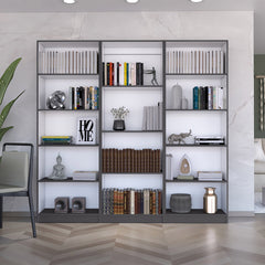 Bartow 3 Piece Home Bookcase set, 74" Wide with 14 Shelves , Living Room Set Set Matt Gray - White