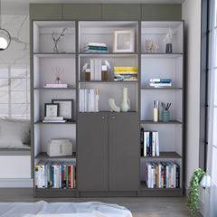 June 3 Piece Home Bookcase set, 60" Wide with 13 Shelves and 2-door Cabinet , Living Room Set Matt Gray / White