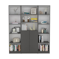 June 3 Piece Home Bookcase set, 60" Wide with 13 Shelves and 2-door Cabinet , Living Room Set Matt Gray / White