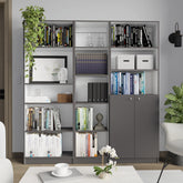 Poston 3 Piece Home Bookcase set, 67" Wide with 13 Shelves and 2-door Cabinet , Living Room Set Matt Gray / White