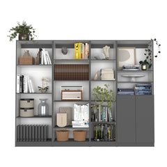 Dupree 4 Piece Home Bookcase set, 91" Wide with 17 Shelves And a Double-Door Cabinet , Living Room Set Matt Gray / White