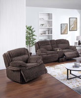 Modern Style 2pc Living Room Set 1x Loveseat and 1x Recliner Console Underneath Drawer Pillow Arms Corduroy Fabric Upholstered Chocolate Finish Primary Living Room Furniture