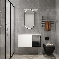 36" Wall-Mounted Bathroom Vanity, 2-Soft Close Doors,Glossy White Vanity & Grey Glass 1/2 Door, Plywood (KD-Packing)-Excluding Sink