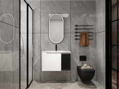 30" Wall-Mounted Bathroom Vanity With Ceramic Sink, 2-Soft Close Doors,Glossy White Vanity & Grey Glass 1/2 Door, Plywood (KD-Packing)