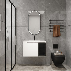 30" Wall-Mounted Bathroom Vanity With Ceramic Sink, 2-Soft Close Doors,Glossy White Vanity & Grey Glass 1/2 Door, Plywood (KD-Packing)