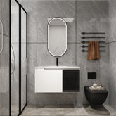36" Wall-Mounted Bathroom Vanity With Ceramic Sink, 2-Soft Close Doors,Glossy White Vanity & Grey Glass 1/2 Door, Plywood (KD-Packing)