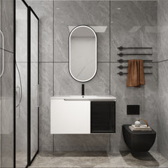 36" Wall-Mounted Bathroom Vanity With Ceramic Sink, 2-Soft Close Doors,Glossy White Vanity & Grey Glass 1/2 Door, Plywood (KD-Packing)