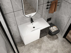 36" Wall-Mounted Bathroom Vanity With Ceramic Sink, 2-Soft Close Doors,Glossy White Vanity & Grey Glass 1/2 Door, Plywood (KD-Packing)