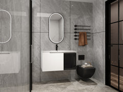 36" Wall-Mounted Bathroom Vanity With Ceramic Sink, 2-Soft Close Doors,Glossy White Vanity & Grey Glass 1/2 Door, Plywood (KD-Packing)
