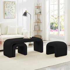 Set of 3 U-Shaped Modern Bench Teddy Ottoman Bench for Entryway, Bedroom End of Bed, Set of 3 Small Sofa Footrest Extra Seating for Living Room, 44+18 Inch Bench Bench & Ottoman- Black