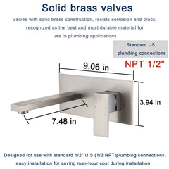 Wall Mount Faucet for Bathroom Sink or Bathtub, Single Handle2 Holes Brass Rough-in Valve Included, Brushed Nickel