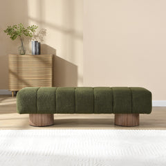Upholstered Dining Bench for Dining Room, No-Assembly End of Bed Entryway Bench Ottoman for Bedroom Living Room, Green Boucle Fabric Stool Top Wood Leg 300 LBS Weight Capacity