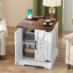 ON-TREND Farmhouse End Table with Charging Station, Rustic Wood Nightstand with Adjustable Shelf, 19.6"W Versatile Walnut Sofa Side Table with Barn Doors & Retro Hinges for Bedroom, Living Room, White