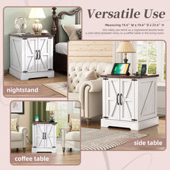 ON-TREND Farmhouse End Table with Charging Station, Rustic Wood Nightstand with Adjustable Shelf, 19.6"W Versatile Walnut Sofa Side Table with Barn Doors & Retro Hinges for Bedroom, Living Room, White