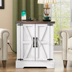 ON-TREND Farmhouse End Table with Charging Station, Rustic Wood Nightstand with Adjustable Shelf, 19.6"W Versatile Walnut Sofa Side Table with Barn Doors & Retro Hinges for Bedroom, Living Room, White