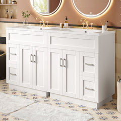 60-Inch Bathroom Vanity with 4 Cabinet Doors, 4 Drawers, 2 Adjustable Shelves, Dual SMC Resin Sinks, Hidden Soft-Close Drawers & Soft-Close Hinges
