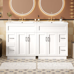 60-Inch Bathroom Vanity with 4 Cabinet Doors, 4 Drawers, 2 Adjustable Shelves, Dual SMC Resin Sinks, Hidden Soft-Close Drawers & Soft-Close Hinges