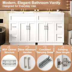 60-Inch Bathroom Vanity with 4 Cabinet Doors, 4 Drawers, 2 Adjustable Shelves, Dual SMC Resin Sinks, Hidden Soft-Close Drawers & Soft-Close Hinges