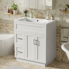 30-Inch Bathroom Vanity with 2 Doors, 2 Drawers, Adjustable Shelf, Hidden Damping Slides for Drawers & Damping Hinges for Doors
