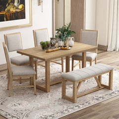 TREXM 6-Piece Retro Dining Table Set for 6, 60" Wood Kitchen Table and Chairs Set of 4 with Bench Designed Trestle Base for kitchen & Dining Room (Natural)