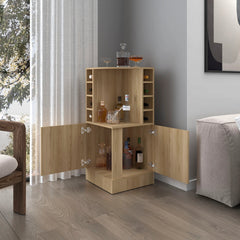 Natural Oak Corner Bar Cabinet with Bottle Rack and Open Shelf