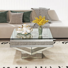 Modern Glam Mirrored Glass Coffee Table with Acrylic diamond Square Three-layer Centre Table Living room furniture