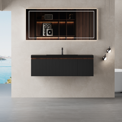48'' Floating Bathroom Vanity with Sink Combo, Modern Wall-Mounted Striped Bathroom Storage Cabinet with Soft-Close Drawers and Black Quartz Sand Basin, Fully Assembled Smoked Walnut CM-24V16-48WAB