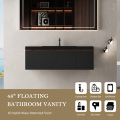 48'' Floating Bathroom Vanity with Sink Combo, Modern Wall-Mounted Striped Bathroom Storage Cabinet with Soft-Close Drawers and Black Quartz Sand Basin, Fully Assembled Smoked Walnut CM-24V16-48WAB