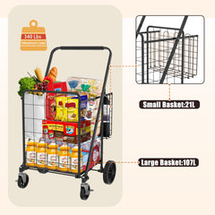 Large Shopping Cart with Brake,Grocery Cart on Wheels, Foldable Utility Shopping Carts with Double Basket and 360° Rolling Swivel Wheels for Groceries Laundry