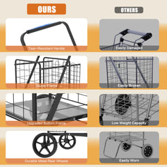 Large Shopping Cart with Brake,Grocery Cart on Wheels, Foldable Utility Shopping Carts with Double Basket and 360° Rolling Swivel Wheels for Groceries Laundry